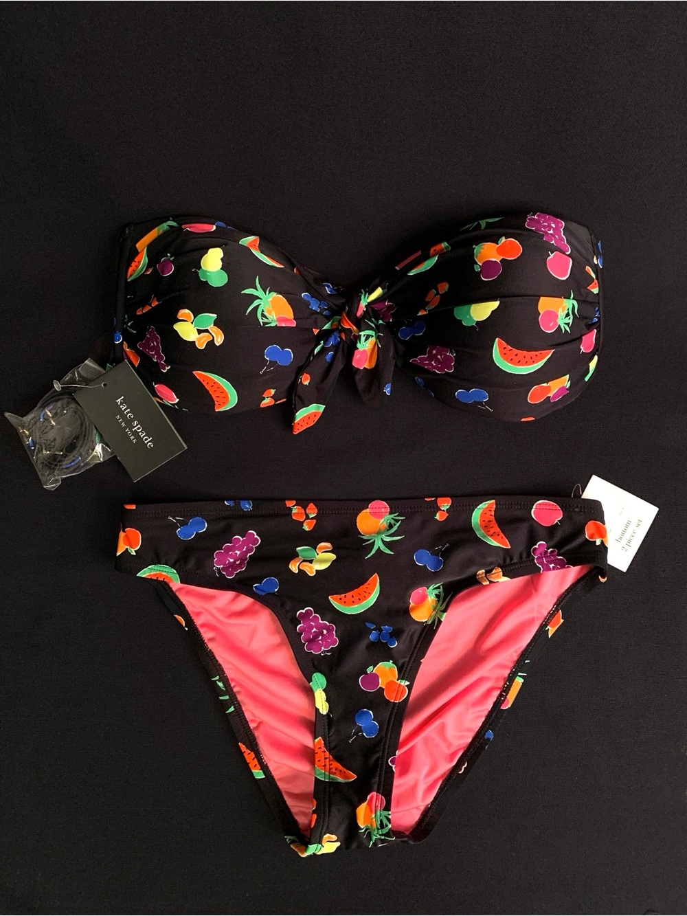 KATE SPADE Bandeau Bow Bra Convertible Stripe Bikini Swimsuit SMALL Black NWT